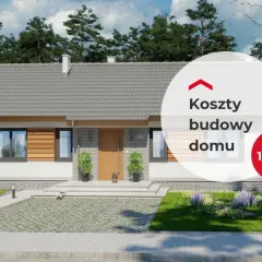 Nowoczesny dom parterowy z podjazdem i ogrodem, z nakładką tekstową "Koszty budowy domu 100 m²".