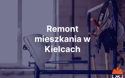 Kask ochronny, rękawice i narzędzia na rusztowaniu. Napis "Remont mieszkania w Kielcach".