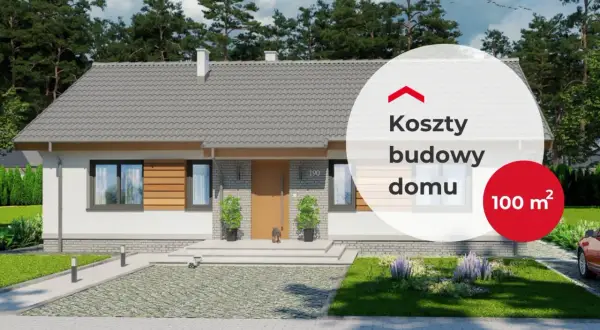 Nowoczesny dom parterowy z podjazdem i ogrodem, z nakładką tekstową "Koszty budowy domu 100 m²".