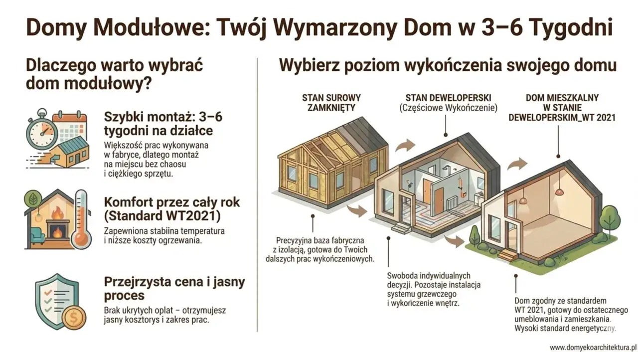 Domy modułowe: szybki montaż, komfort, przejrzysta cena. Dowiedz się, ile kosztuje dom modułowy i wybierz poziom wykończenia.